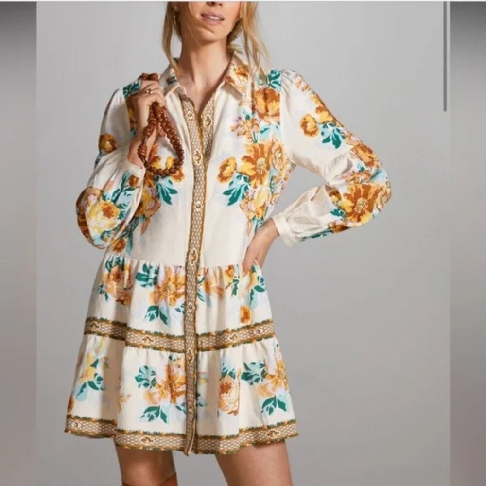 Anthropologie Floral Mini Dress - Cream, Yellow, Blue